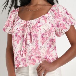 Sweetest Ever Ivory and Pink Floral Print Puff Sleeve Eyelet Top - Lulu’s Size S